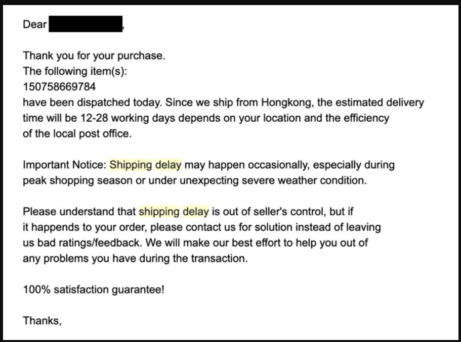 order delay email example